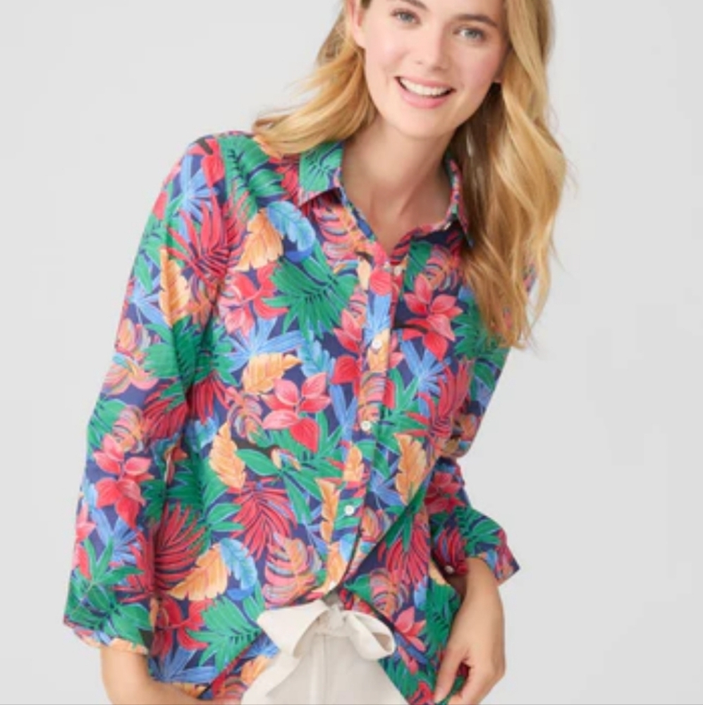 J.McLaughlin Tropical Toucan Palm Leaves Lois Button Down Cotton Shirt Small